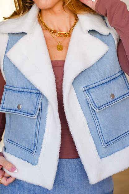 Light Wash Sherpa Lined Vest with Front Pockets