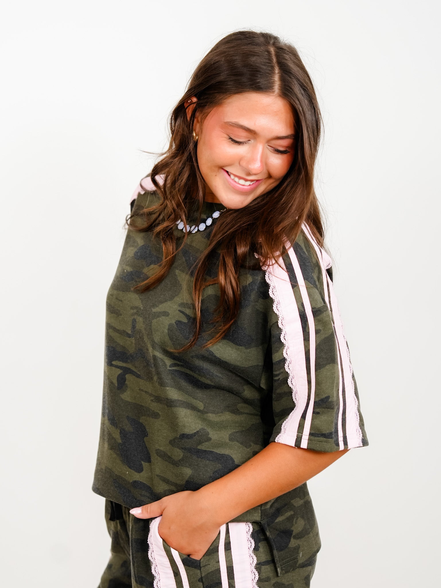 Camo Print Short Sleeve Top with Lace Trim - Freckled Poppy