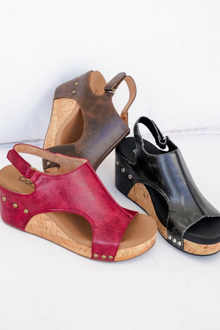 Corky's "Carley" Crackle Vegan Leather Wedge Sandal with Cork Platform and Stud Accents