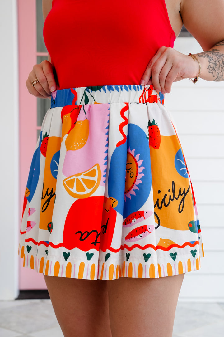 Plus/Reg Sicily Print Elastic Waist Mini Skirt