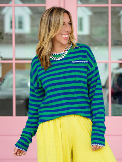 Green Stripe Long Sleeve Sweater with Crochet Trim