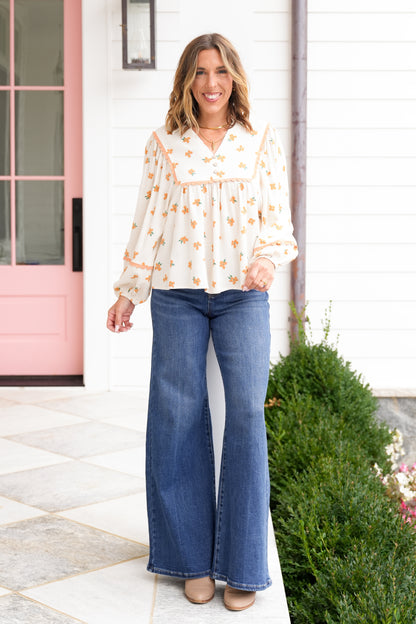 Floral Print Linen Long Sleeve Top