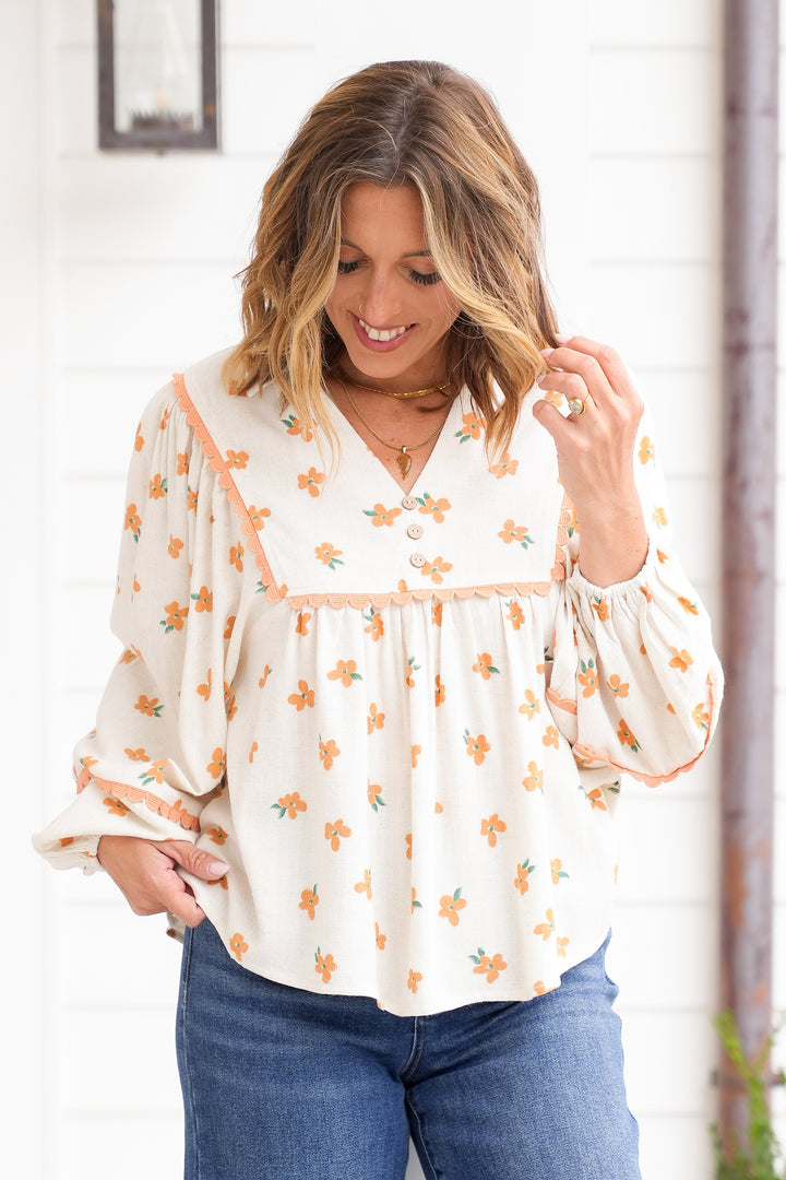 Floral Print Linen Long Sleeve Top