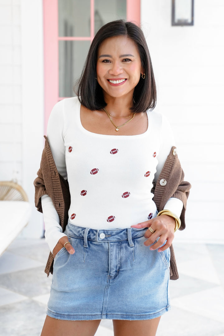 Ribbed Knit Long Sleeve Square Neck Top with Football Detail
