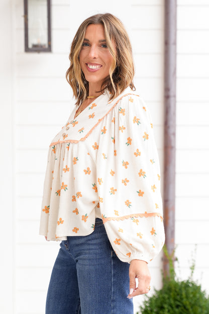 Floral Print Linen Long Sleeve Top