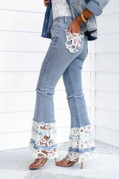 POL Denim Flare Leg Jeans with Lace