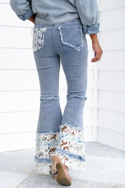 POL Denim Flare Leg Jeans with Lace