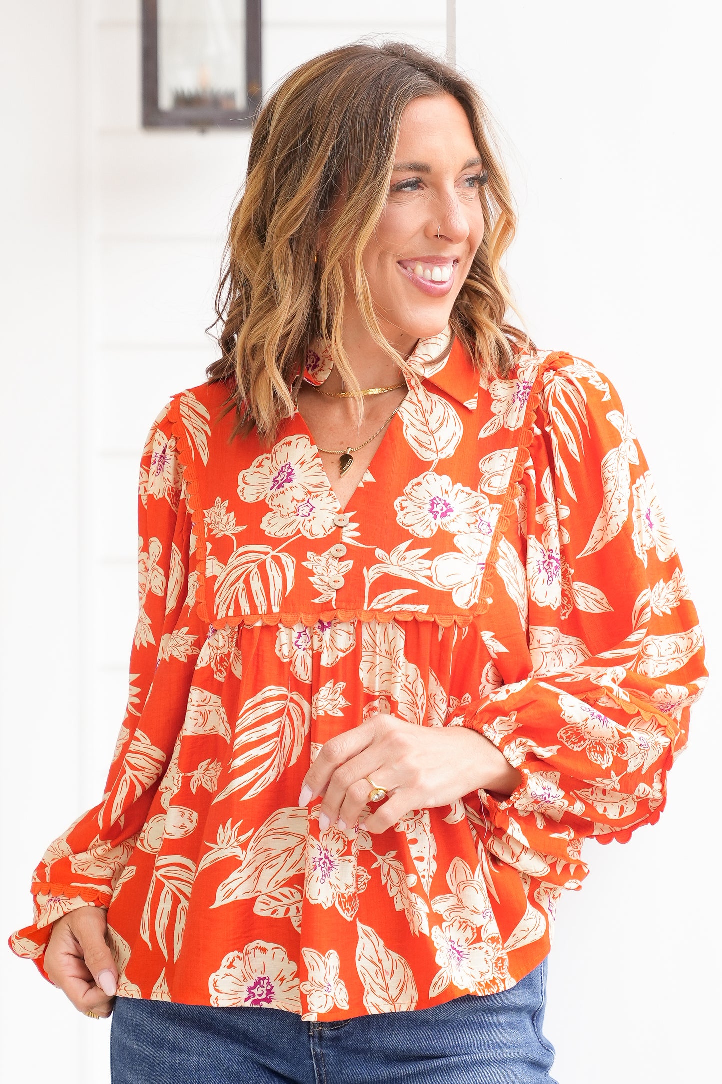 Floral Print Long Sleeve Top with Scallop Trim