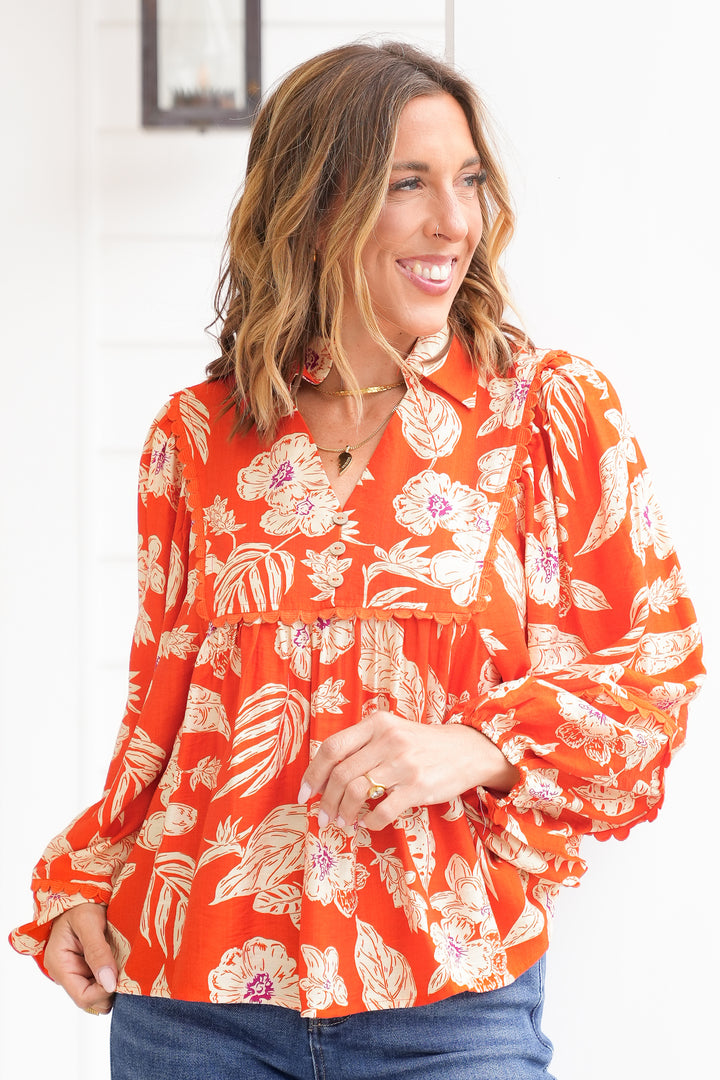 Floral Print Long Sleeve Top with Scallop Trim