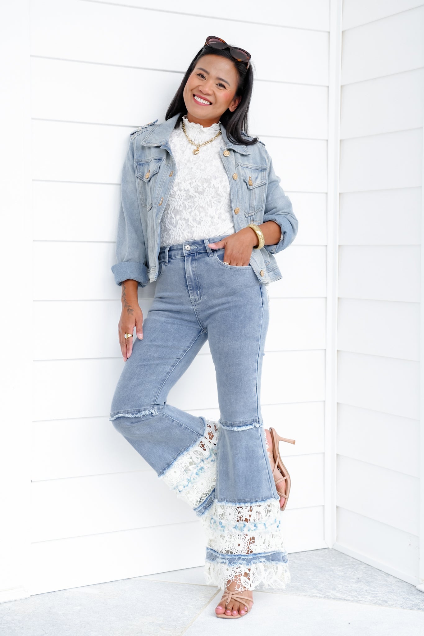POL Denim Flare Leg Jeans with Lace
