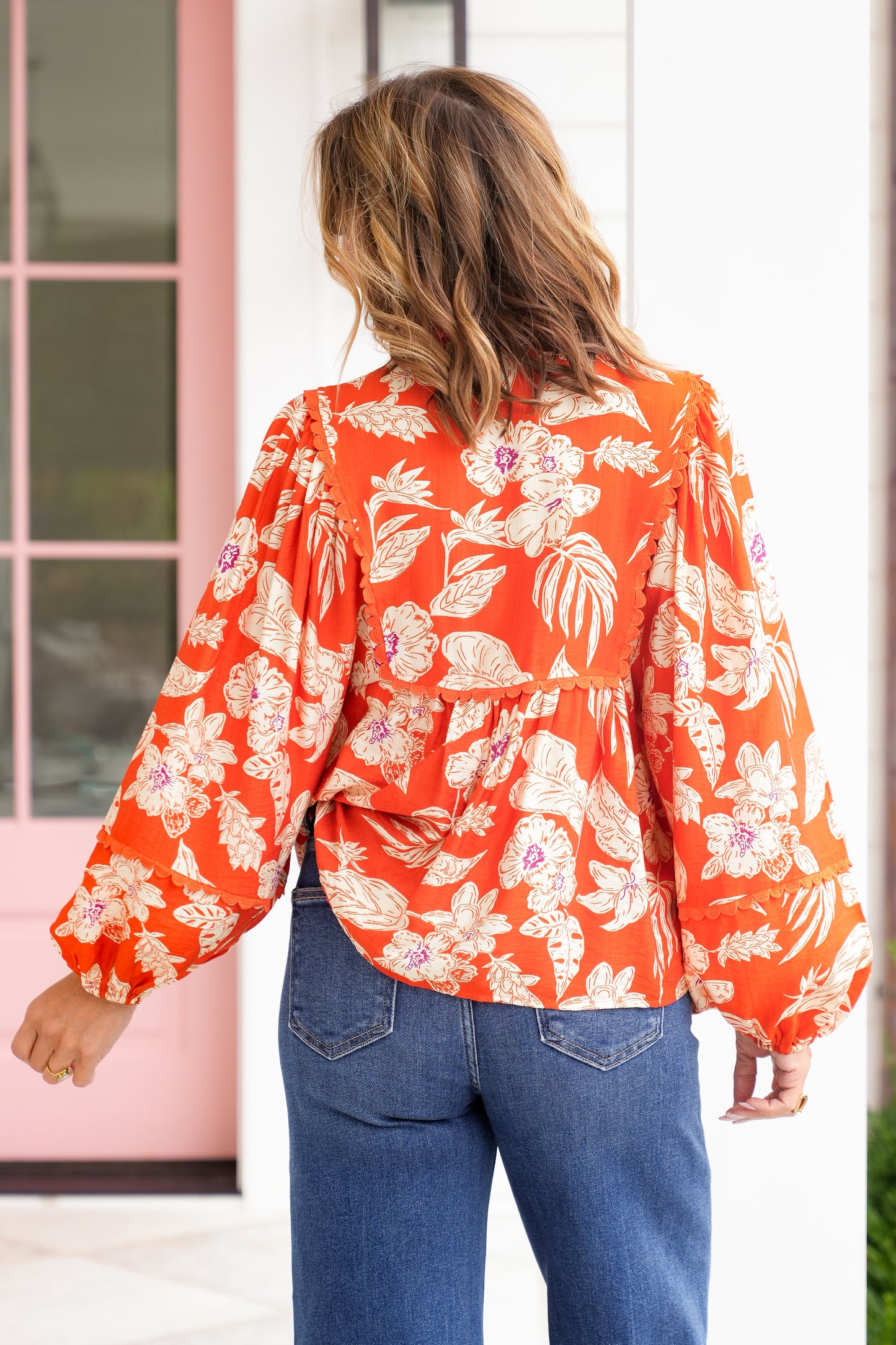 Floral Print Long Sleeve Top with Scallop Trim