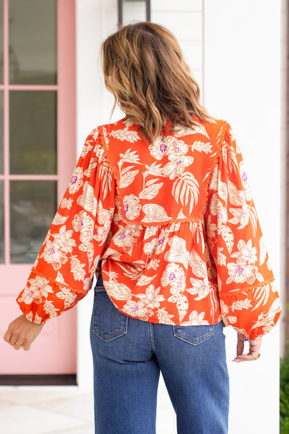Floral Print Long Sleeve Top with Scallop Trim