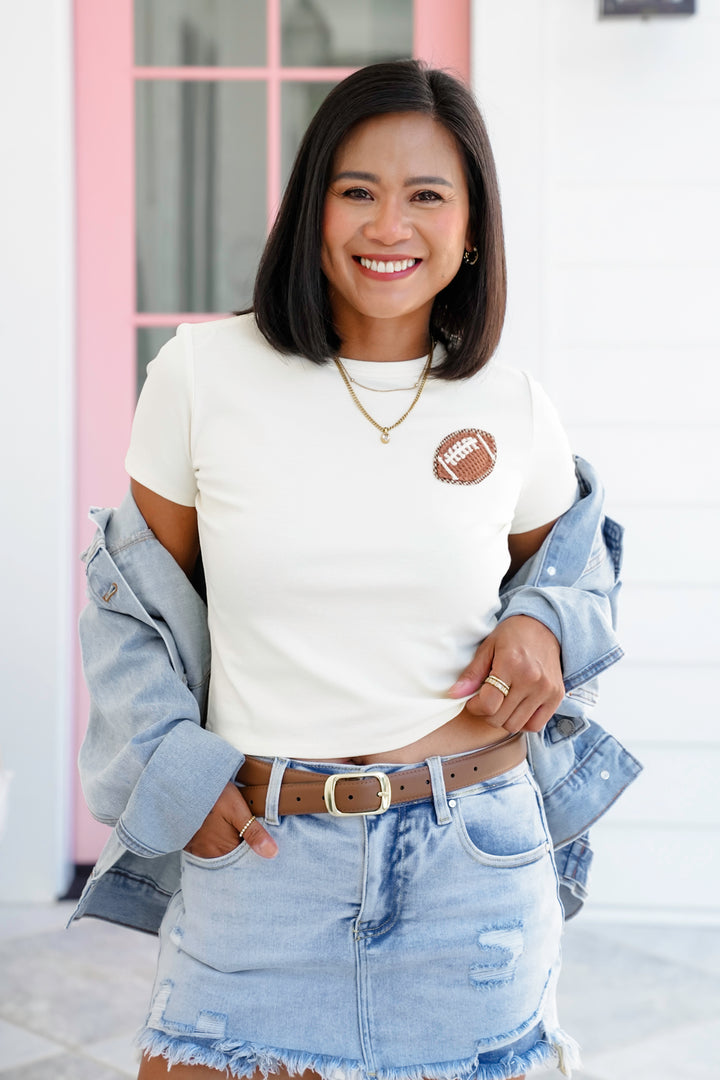 Short Sleeve Crop Top with Football Patch Detail
