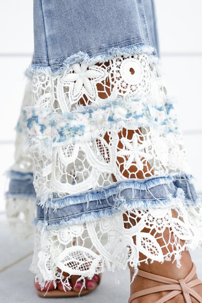 POL Denim Flare Leg Jeans with Lace