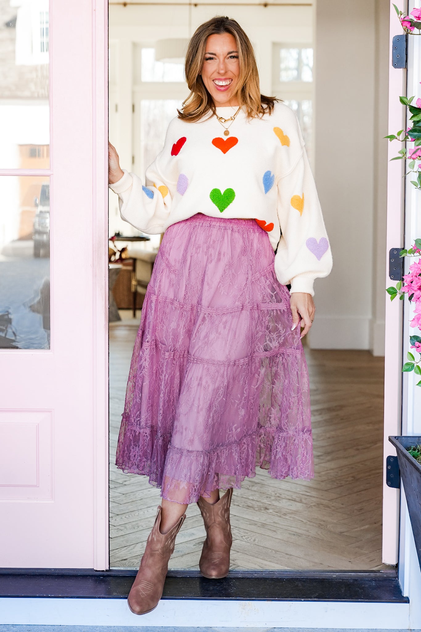 Lace Elastic Waist Tiered Midi Skirt