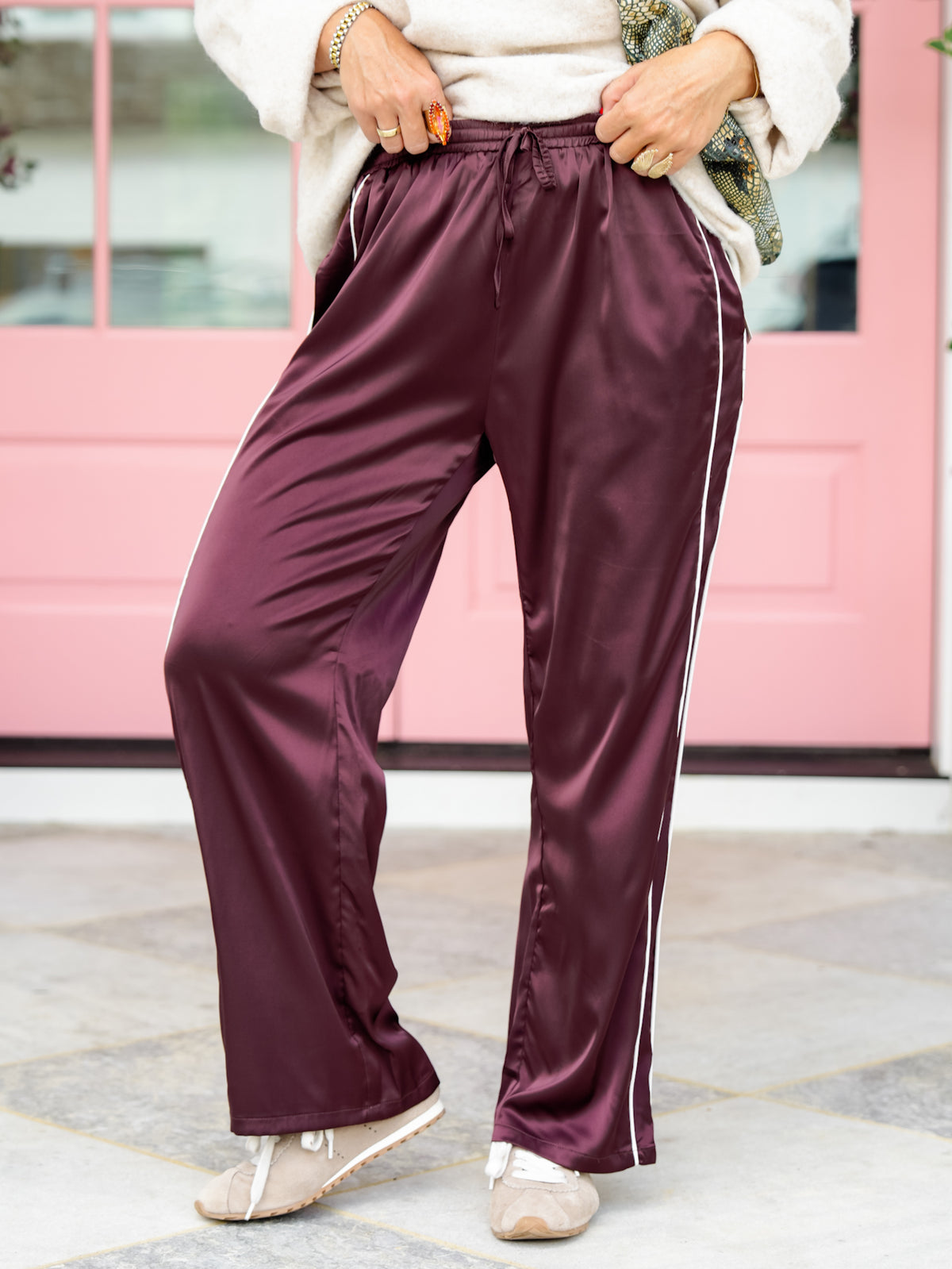 Contrast Piping Stripe Elastic Waist Satin Pants With Drawstring
