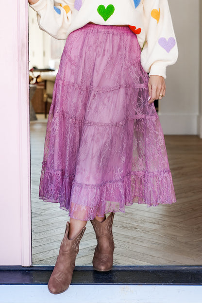 Lace Elastic Waist Tiered Midi Skirt