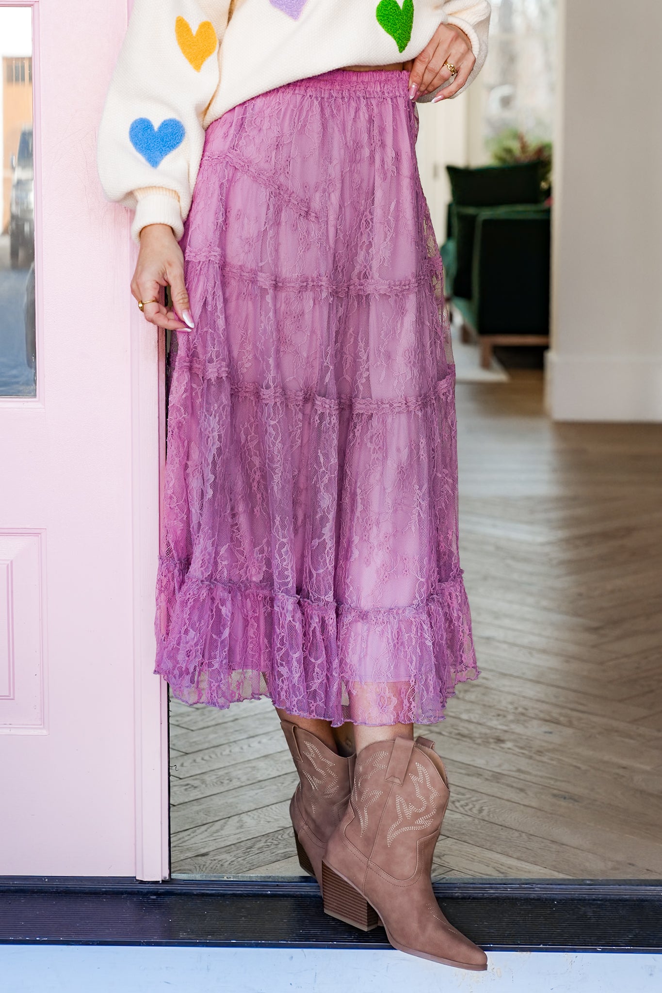 Lace Elastic Waist Tiered Midi Skirt