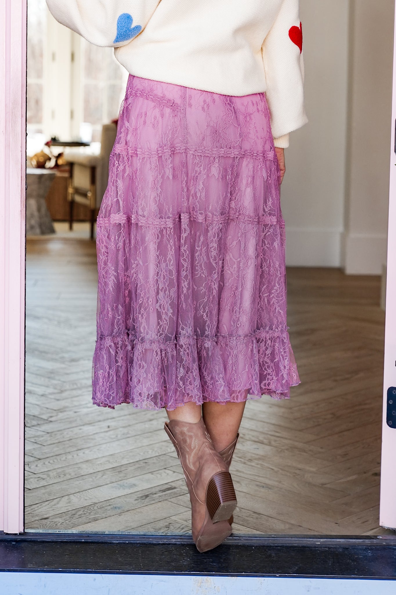 Lace Elastic Waist Tiered Midi Skirt