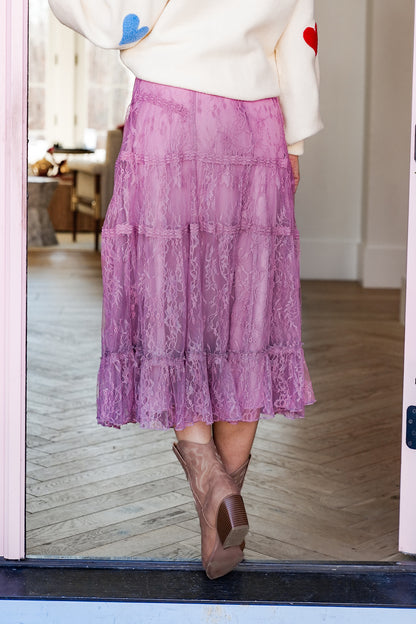 Lace Elastic Waist Tiered Midi Skirt