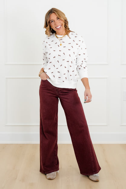 Plus/Reg Embroidered Horse Long Sleeve Pullover Top