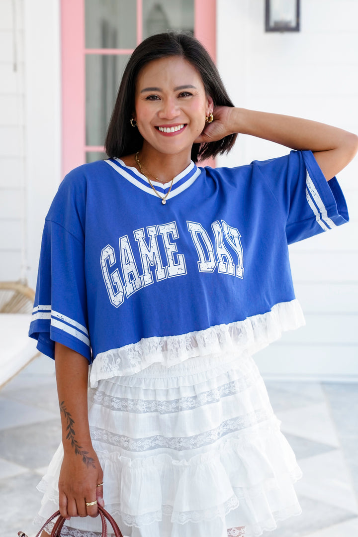 Short Sleeve "Game Day" Crop Top with Lace Detail