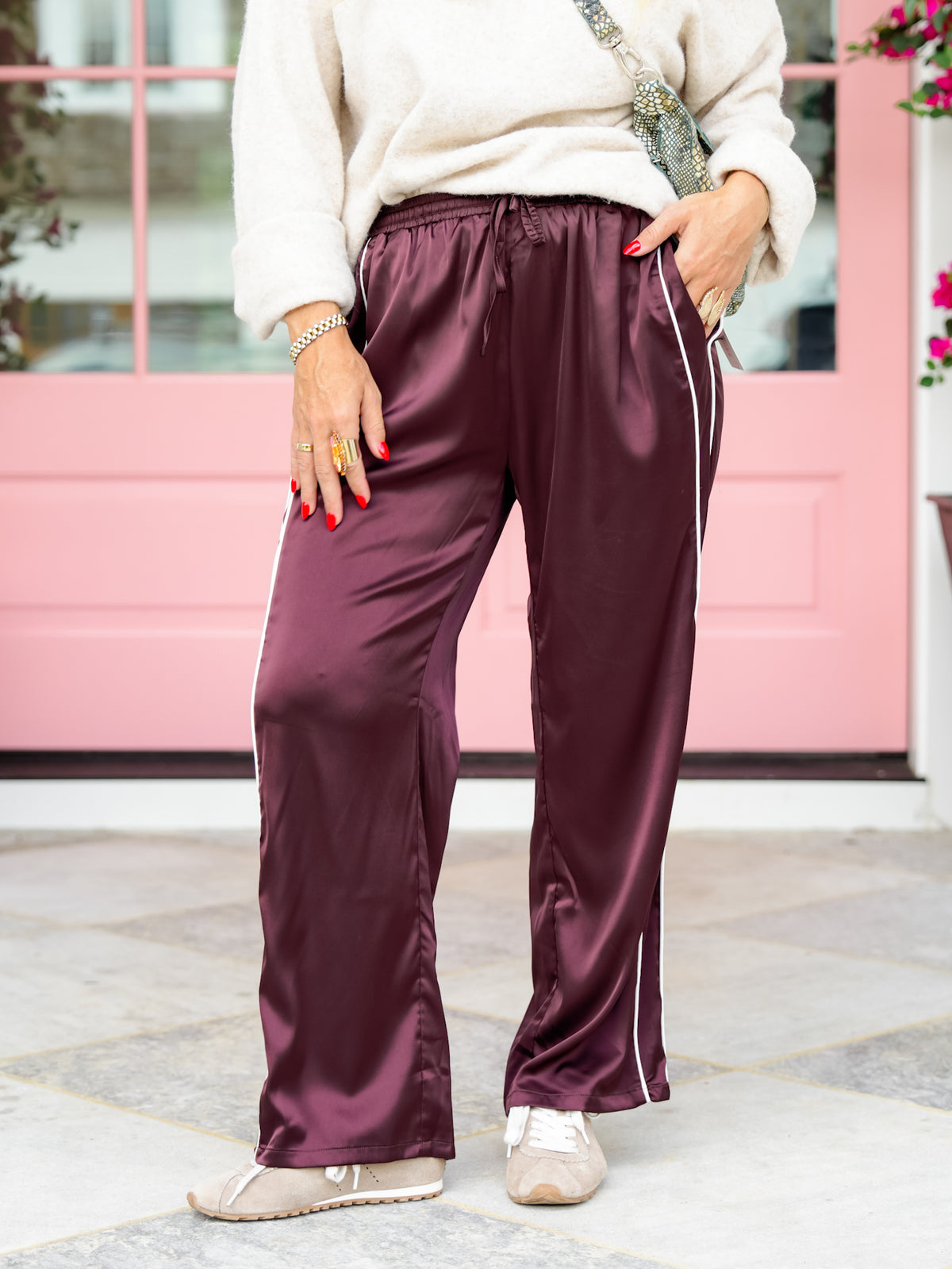 Contrast Piping Stripe Elastic Waist Satin Pants With Drawstring
