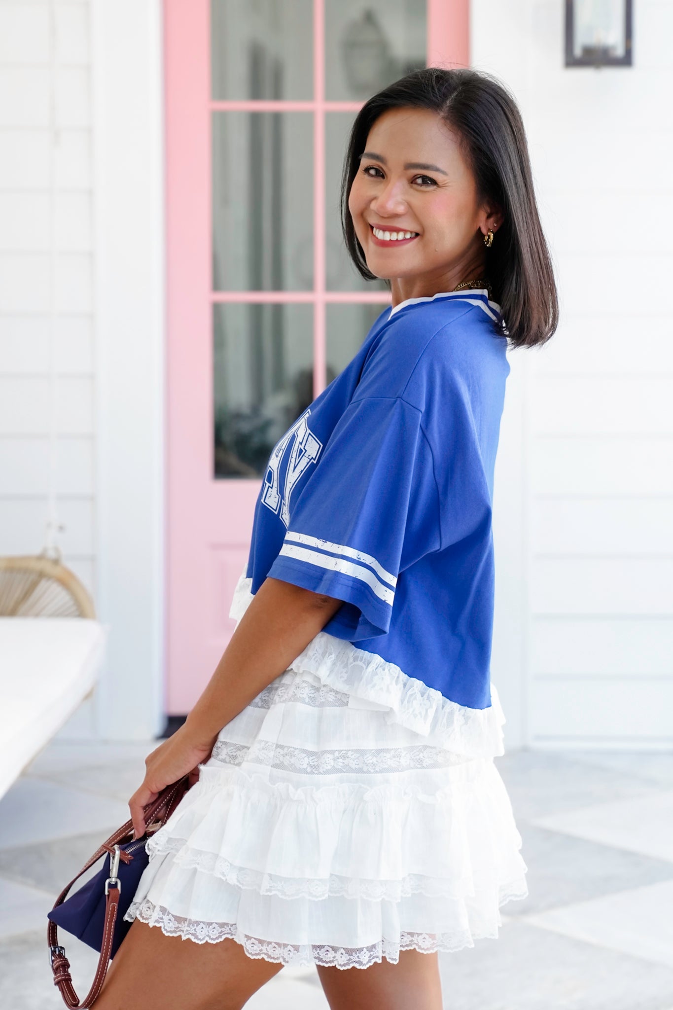 Short Sleeve "Game Day" Crop Top with Lace Detail