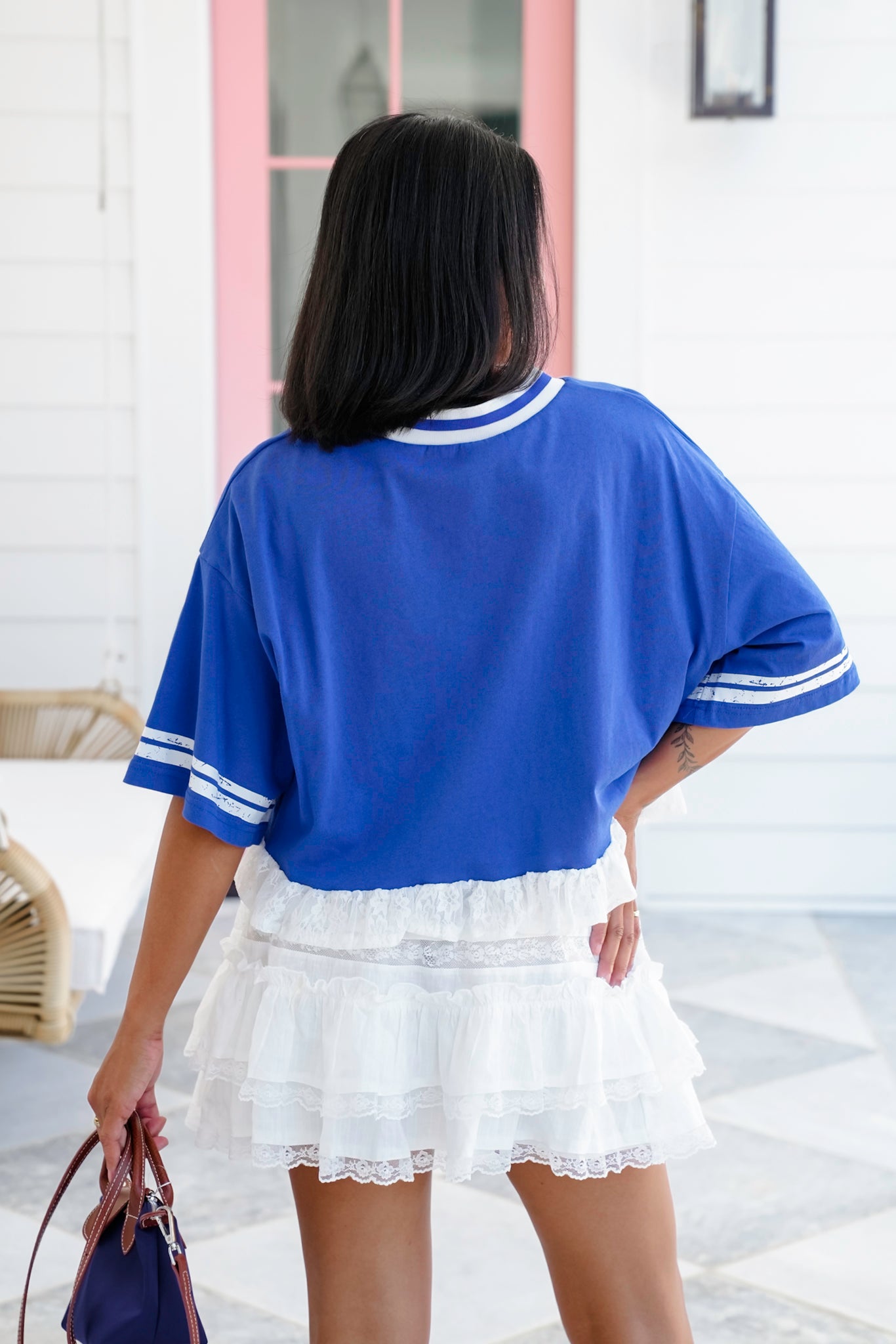 Short Sleeve "Game Day" Crop Top with Lace Detail