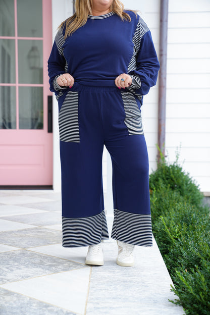 Plus/Reg Navy Elastic Waist Pants with Stripes