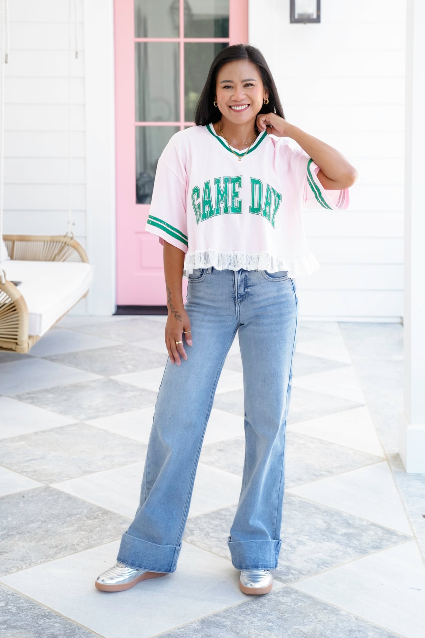 Short Sleeve "Game Day" Crop Top with Lace Detail