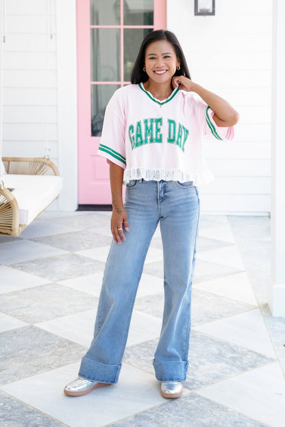 Short Sleeve "Game Day" Crop Top with Lace Detail