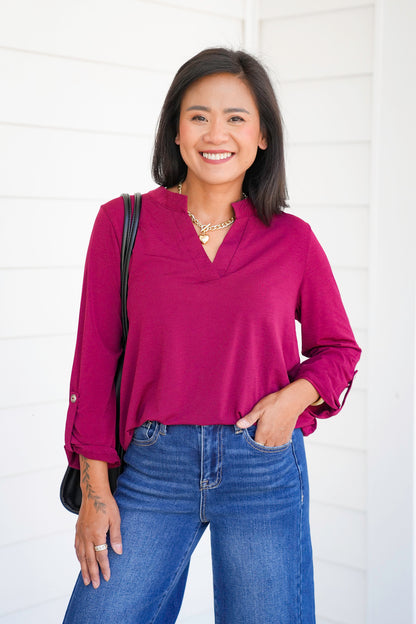 Door Buster! Plus/Reg 3/4 Sleeve Split Neck Tunic Top