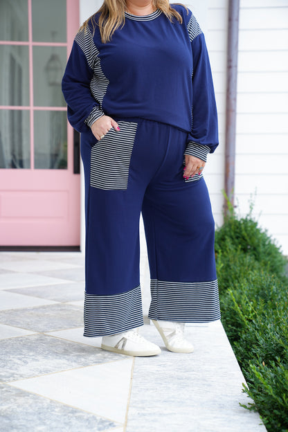 Plus/Reg Navy Elastic Waist Pants with Stripes