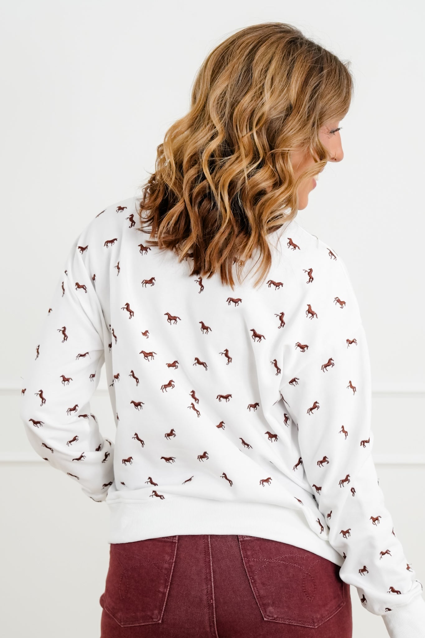 Plus/Reg Embroidered Horse Long Sleeve Pullover Top