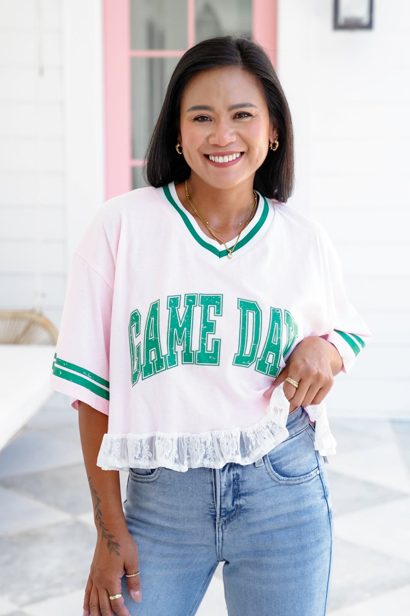 Short Sleeve "Game Day" Crop Top with Lace Detail