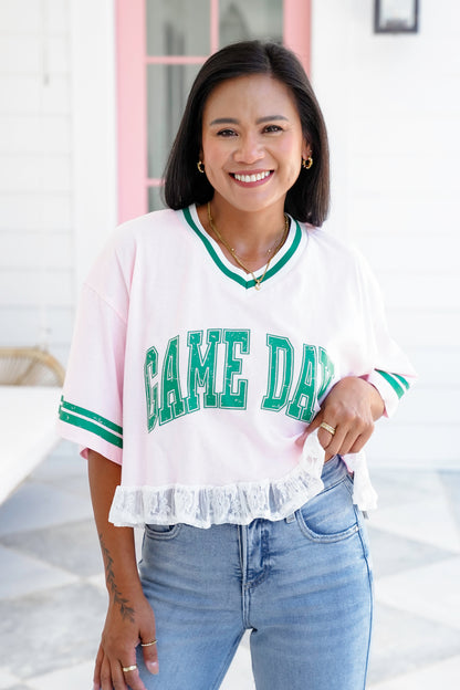 Short Sleeve "Game Day" Crop Top with Lace Detail