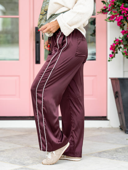 Contrast Piping Stripe Elastic Waist Satin Pants With Drawstring