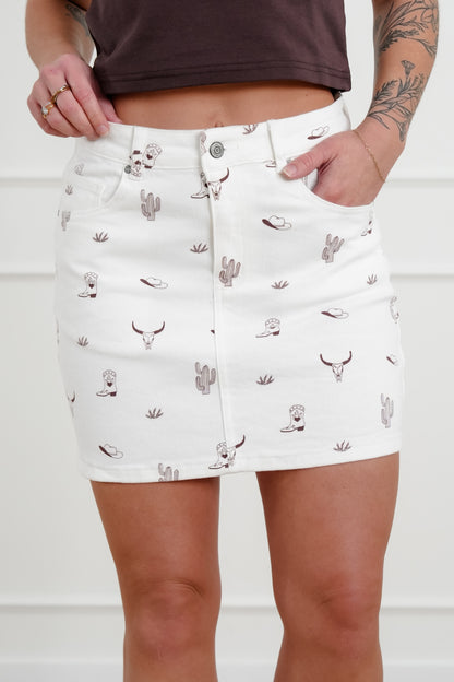 Plus/Reg Cream Denim Western Print Mini Skirt