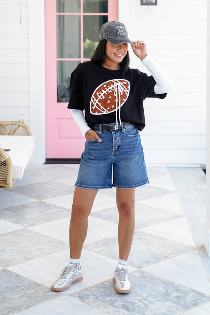 Short Sleeve Round Neck Top with Football Detail