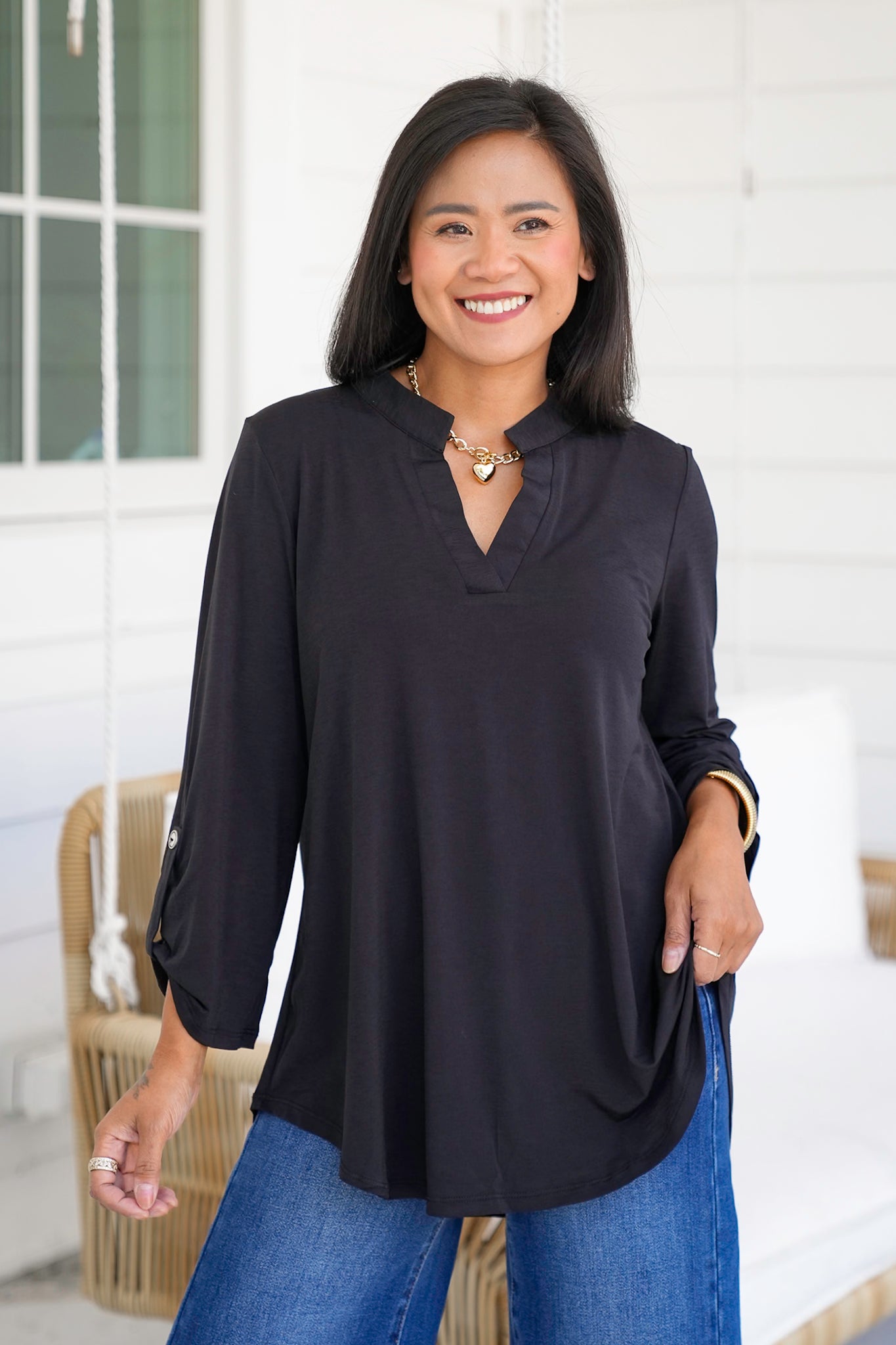 Door Buster! Plus/Reg 3/4 Sleeve Split Neck Tunic Top