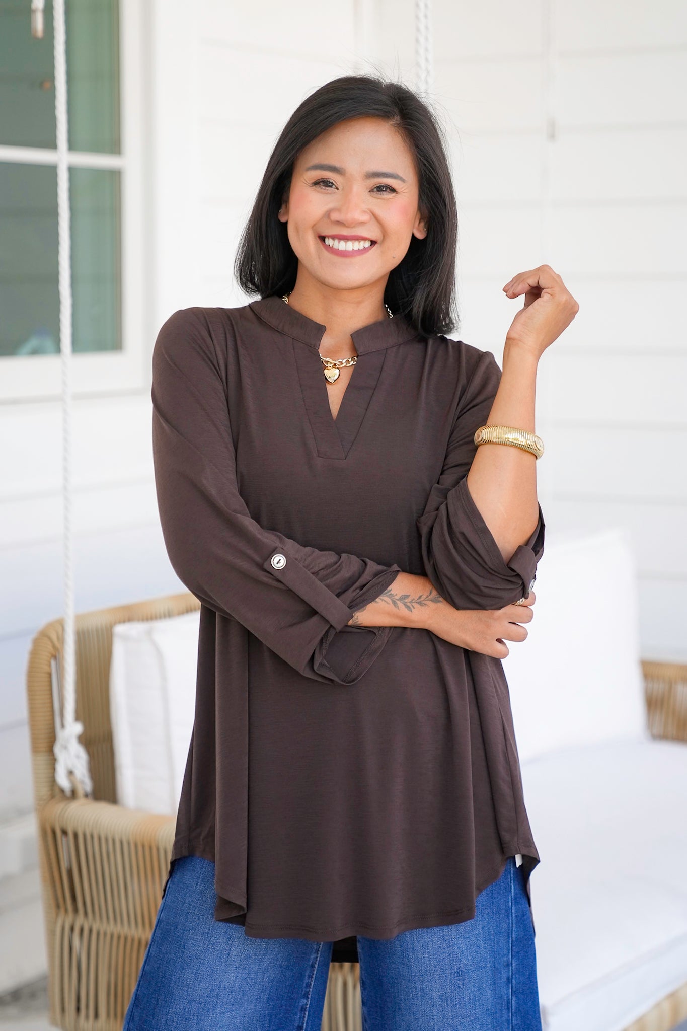 Door Buster! Plus/Reg 3/4 Sleeve Split Neck Tunic Top