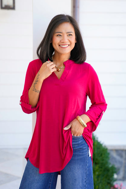 Door Buster! Plus/Reg 3/4 Sleeve Split Neck Tunic Top