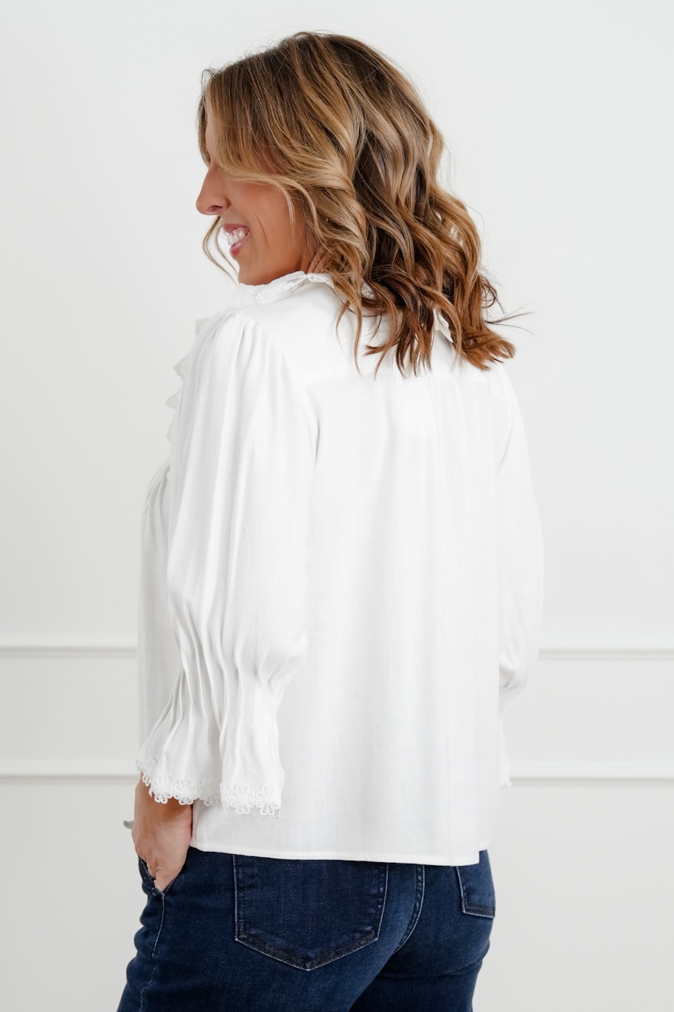 White 3/4 Sleeve Button Down Top with Lace Trim