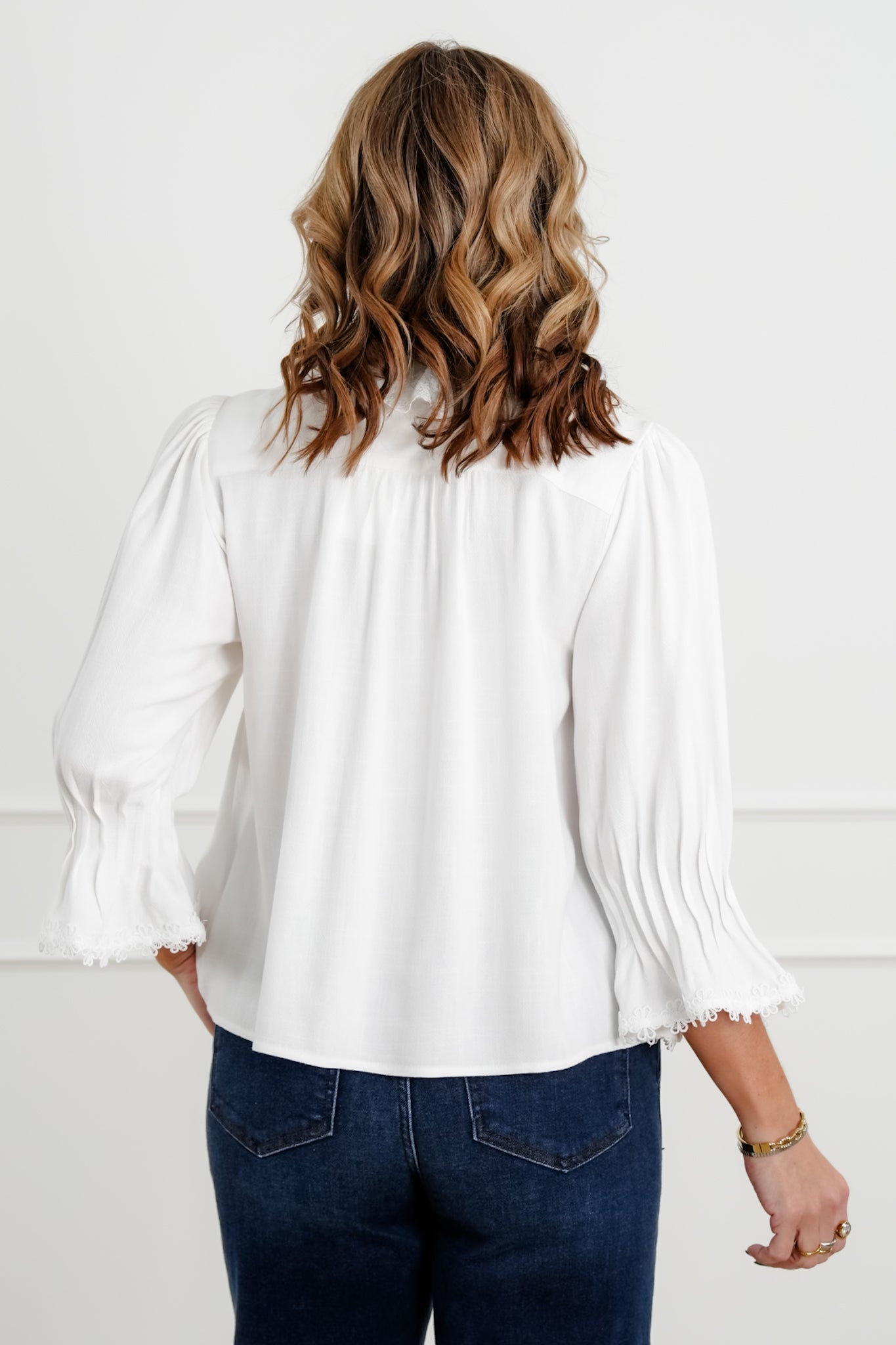 White 3/4 Sleeve Button Down Top with Lace Trim