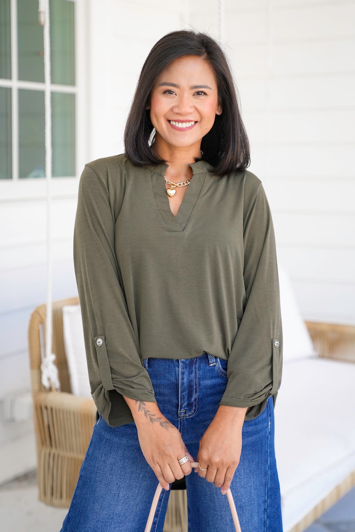 Door Buster! Plus/Reg 3/4 Sleeve Split Neck Tunic Top