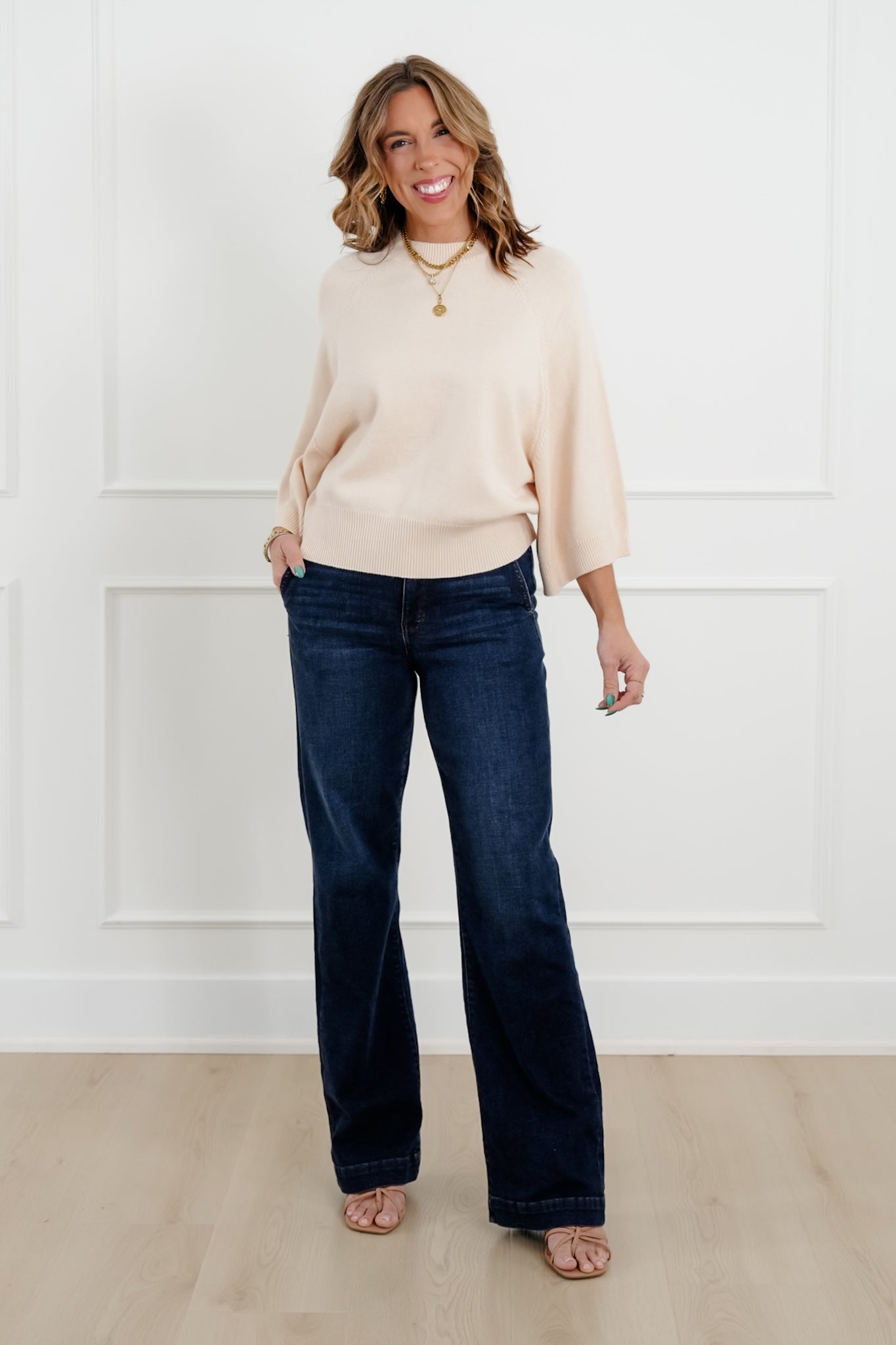 Wide 3/4 Dolman Sleeve Crew Neck Sweater