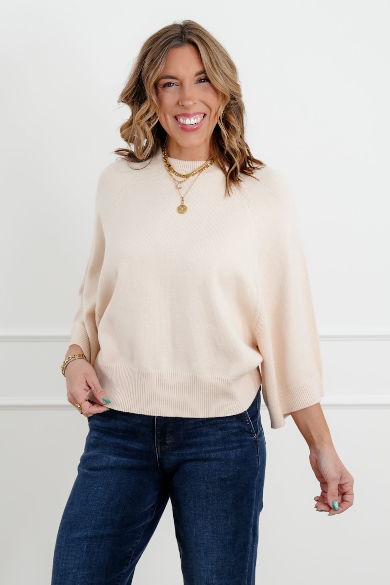 Wide 3/4 Dolman Sleeve Crew Neck Sweater