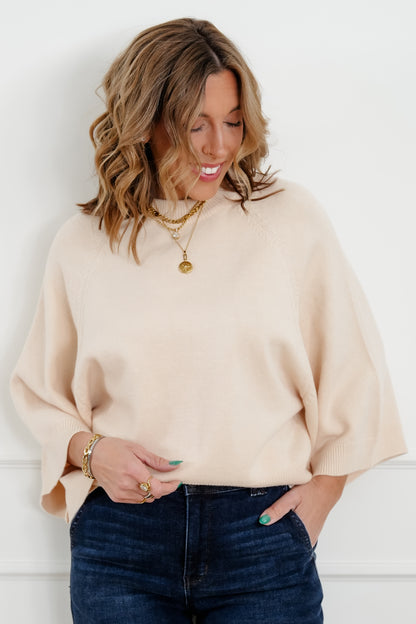 Wide 3/4 Dolman Sleeve Crew Neck Sweater