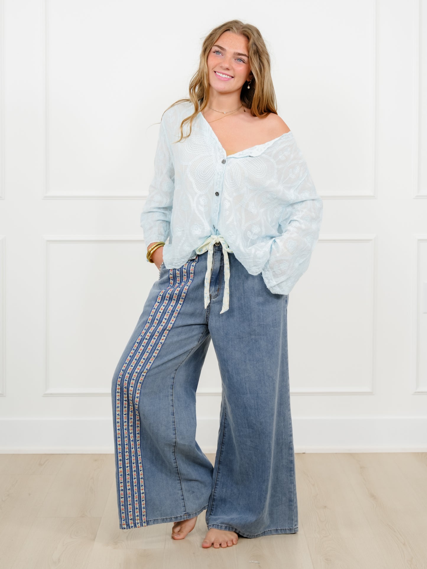 POL Embroidered Long Sleeve Button Up Top